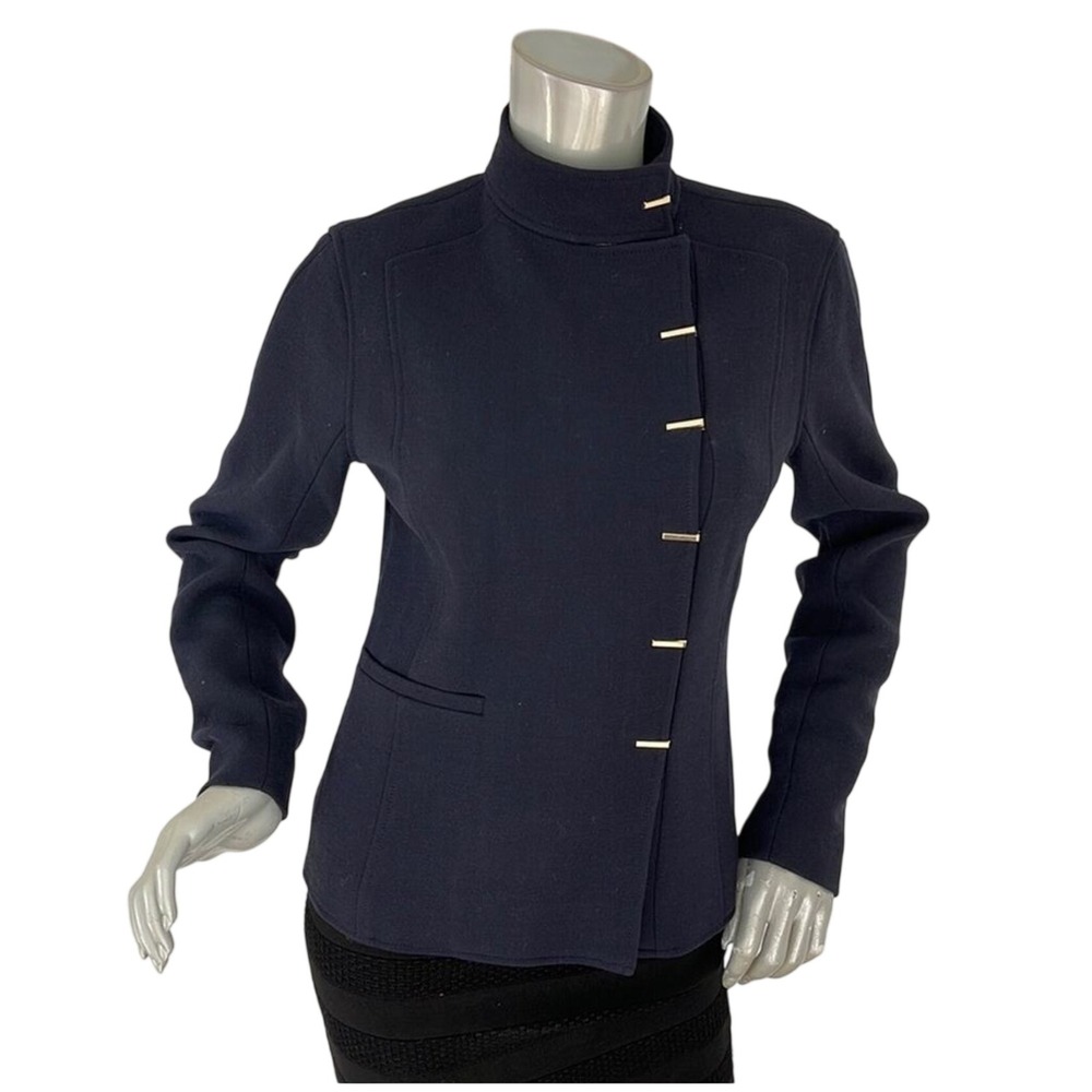 Lewit Womens Virgin Wool Jacket Blazer M Navy Blue Asymmetrical Classic Designer
